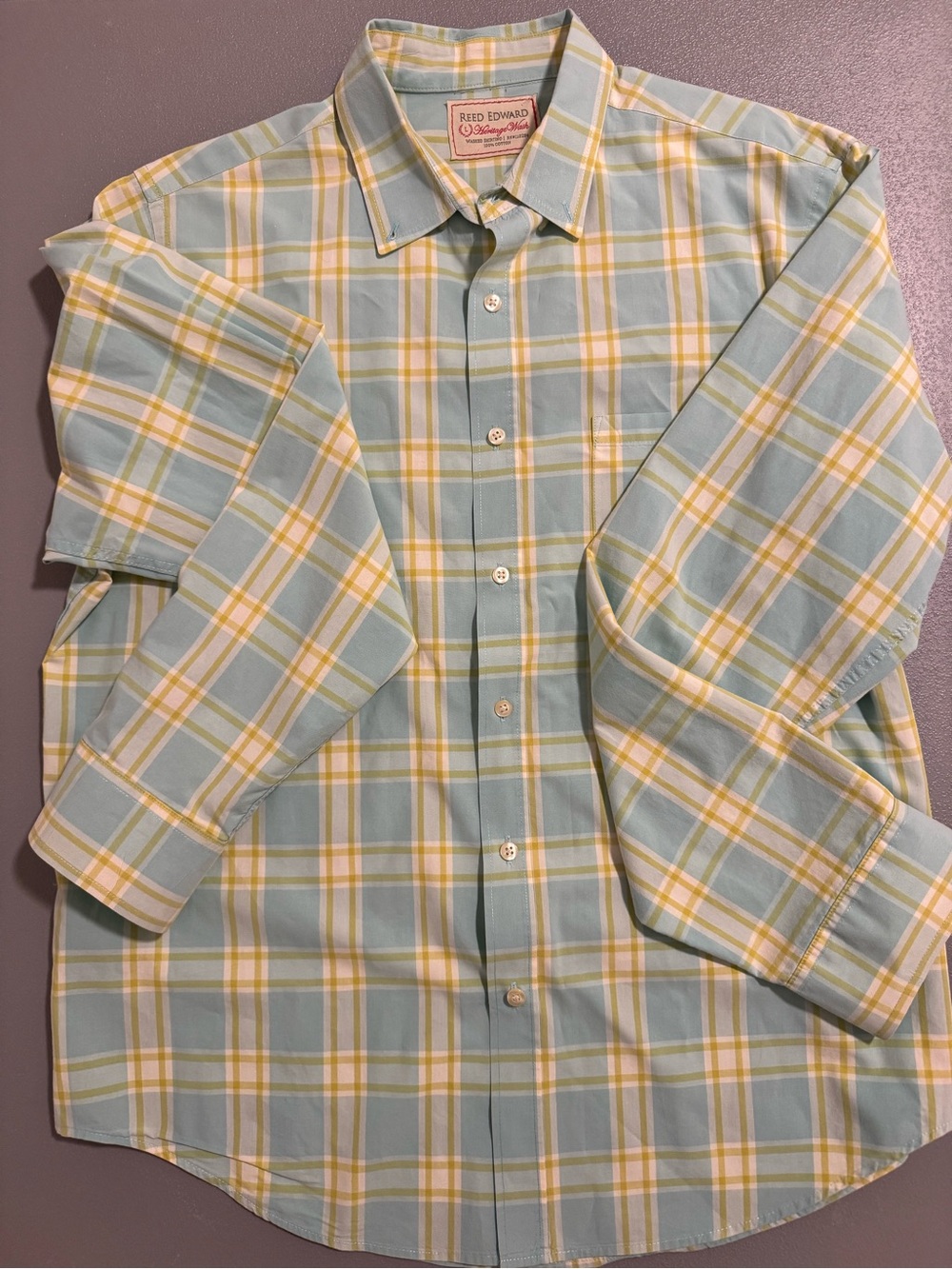 Reed Edward 100% Cotton Light Blue and Yellow Plaid Button-Down Shirt Size L - Picture 1 of 11